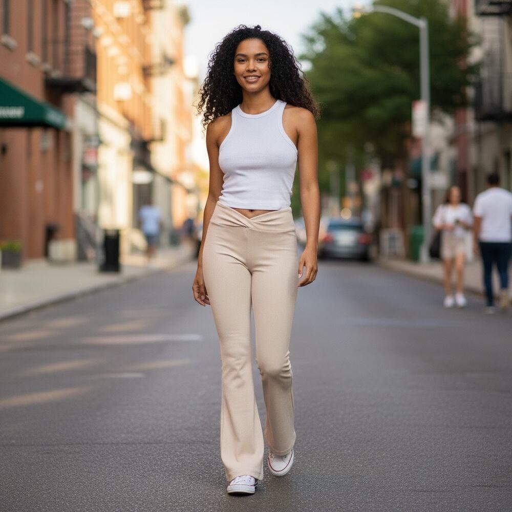 Princess Polly Cream Soft Ribbed Twist Waist Super Flared Pull On Pants Size 0
